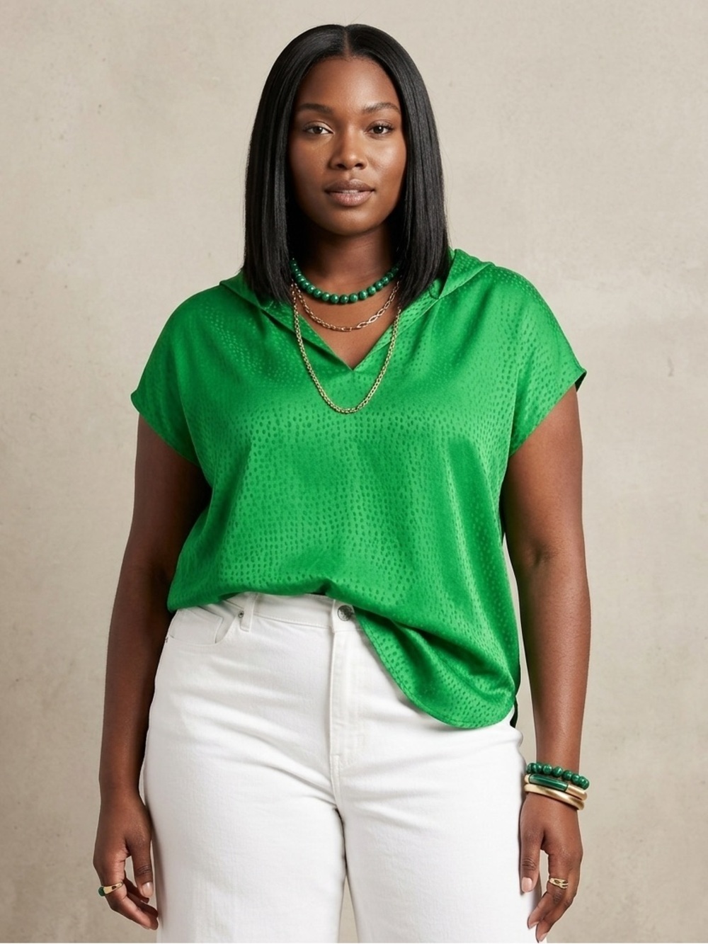 Worthington Bright Green V-Neck Short Sleeve Blouse